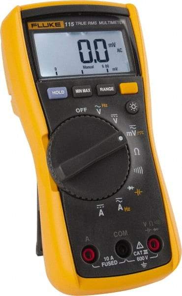 Fluke - 115, CAT III, 600 VAC/VDC, Digital True RMS Auto Ranging Manual Ranging Multimeter - 40 mOhm, Measures Voltage, Capacitance, Current, Frequency, Resistance - All Tool & Supply