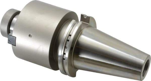 Accupro - CAT50 Taper Shank 1-1/2" Pilot Diam Shell Mill Holder - 4" Flange to Nose End Projection, 3/4-16 Lock Screw, Through-Spindle & DIN Flange Coolant - Exact Industrial Supply