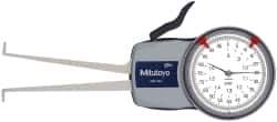 Mitutoyo - 0.8 to 1.6" Inside Dial Caliper Gage - 0.0005" Graduation, 0.0015" Accuracy, 3.3" Leg Length, 0.26" Deep x 0.06" Wide Groove, Ball Contact Points - All Tool & Supply