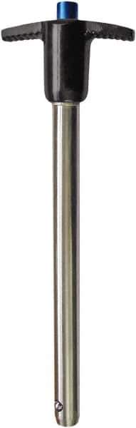 Monroe Engineering Products - 9/16" Diam, 4" Usable Length, T Handle, Push Button Quick Release Pin - 5-1/8" OAL, Grade 4140 Steel, Zinc-Plated Finish - All Tool & Supply