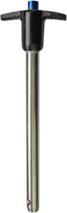 Monroe Engineering Products - 7/16" Diam, 4" Usable Length, T Handle, Push Button Quick Release Pin - 97mm OAL, Grade 4140 Steel, Zinc-Plated Finish - All Tool & Supply