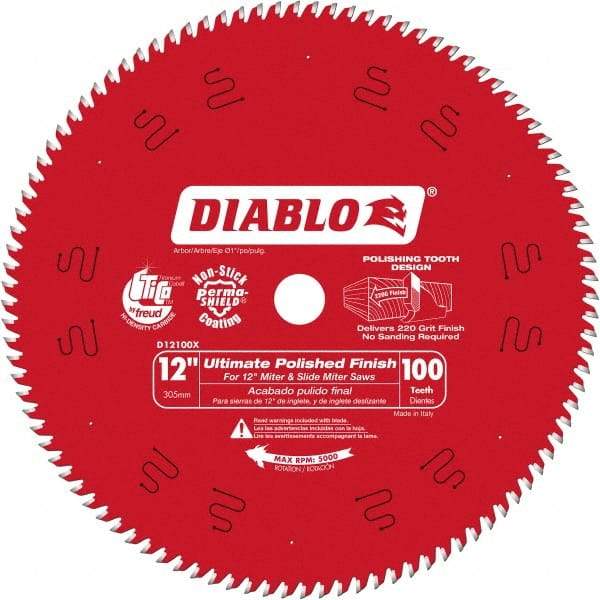 Freud - 12" Diam, 1" Arbor Hole Diam, 100 Tooth Wet & Dry Cut Saw Blade - Carbide-Tipped, Fine Finishing Action, Standard Round Arbor - All Tool & Supply