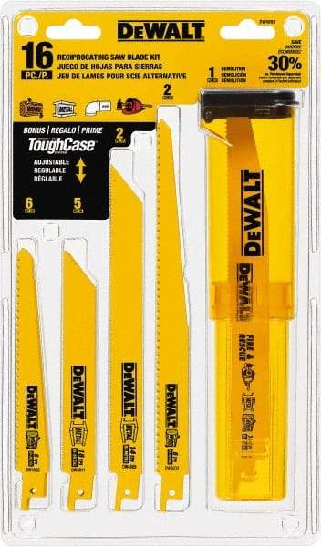 DeWALT - 16 Pieces, 6" to 9" Long x 0.04" Thickness, Bi-Metal Reciprocating Saw Blade Set - Straight Profile, 6 to 18 Teeth, Toothed Edge - All Tool & Supply