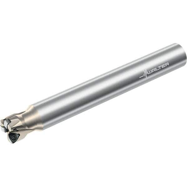 Walter - 21° Lead Angle, 1-1/4" Max Cut Diam, 0.793" Min Cut Diam, 0.039" Max Depth of Cut, Indexable Chamfer & Angle End Mill - 3 Inserts, P23696 Insert Style, 10" OAL, Through Coolant, Straight Shank - All Tool & Supply