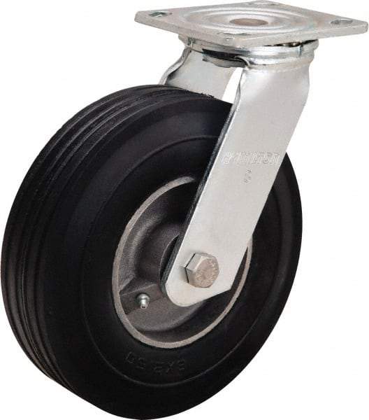 Hamilton - 8" Diam x 2" Wide, Rubber Swivel Caster - 500 Lb Capacity, Top Plate Mount, 4" x 4-1/2" Plate, Straight Roller Bearing - All Tool & Supply