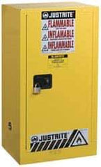 Justrite - 1 Door, 1 Shelf, Yellow Steel Space Saver Safety Cabinet for Flammable and Combustible Liquids - 44" High x 23-1/4" Wide x 18" Deep, Self Closing Door, 15 Gal Capacity - All Tool & Supply