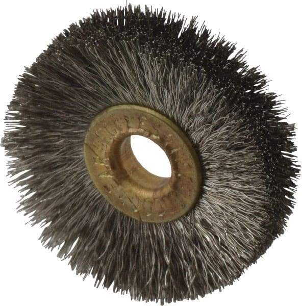 Osborn - 1-1/4" OD, 1/4" Arbor Hole, Crimped Stainless Steel Wheel Brush - 3/16" Face Width, 21/64" Trim Length, 0.005" Filament Diam, 20,000 RPM - All Tool & Supply