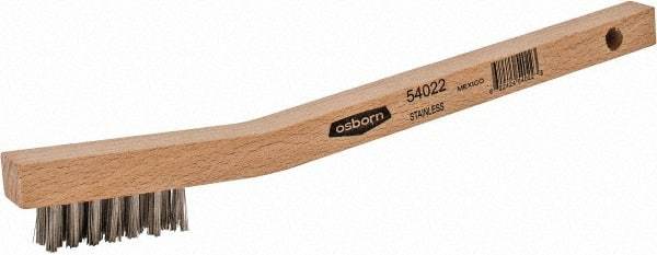 Osborn - 3 Rows x 7 Columns Stainless Steel Scratch Brush - 1-7/16" Brush Length, 7-3/4" OAL, 7/16" Trim Length, Wood Curved Handle - All Tool & Supply