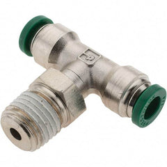 Parker - 1/4" Outside Diam, 1/4 NPTF, Nickel Plated Brass Push-to-Connect Tube Male Swivel Branch Tee - 300 Max psi, Tube to Male NPT Connection, Nitrile O-Ring - All Tool & Supply