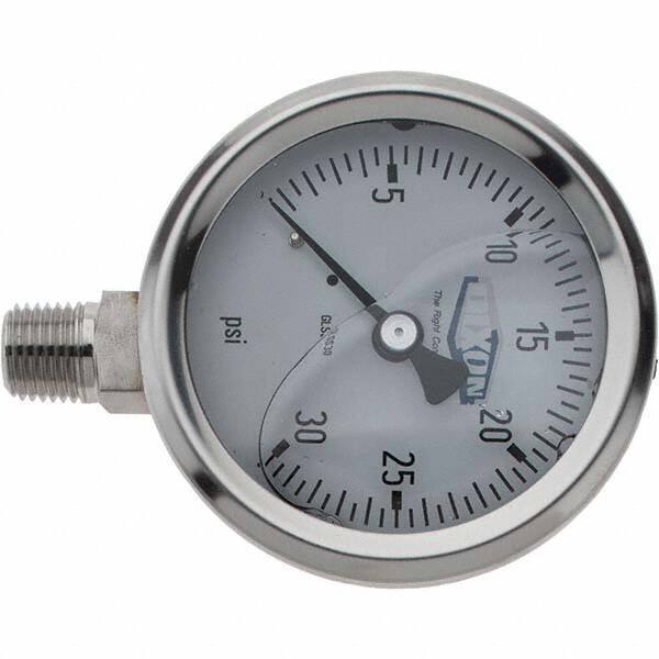 Value Collection - 2-1/2" Dial, 1/4 Thread, 0-30 Scale Range, Pressure Gauge - Lower Connection Mount, Accurate to 2-1-2% of Scale - All Tool & Supply