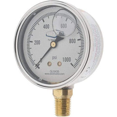 Value Collection - 2-1/2" Dial, 1/4 Thread, 0-1,000 Scale Range, Pressure Gauge - Lower Connection Mount, Accurate to 2-1-2% of Scale - All Tool & Supply