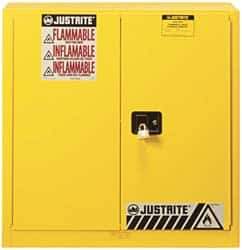 Justrite - 2 Door, 3 Shelf, Yellow Steel Standard Safety Cabinet for Flammable and Combustible Liquids - 44" High x 43" Wide x 18" Deep, Manual Closing Door, 3 Point Key Lock, 40 Gal Capacity - All Tool & Supply