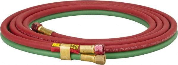 Parker - 1/4" Inside x 17/32" Outside Diam, Grade T Welding Hose - Green & Red, 12-1/2' Long, Twin Style, 200 psi Working Pressure - All Tool & Supply