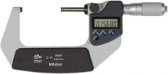 Mitutoyo - 2 to 3 Inch Range, 0 Inch Resolution, Standard Throat, IP65 Electronic Outside Micrometer - 0.0001 Inch Accuracy, Ratchet Friction Thimble, Rotating Spindle, SR44 Battery, Includes NIST Traceability Certification - All Tool & Supply