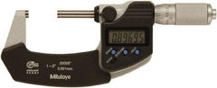 Mitutoyo - 1 to 2 Inch Range, 0 Inch Resolution, Standard Throat, IP65 Electronic Outside Micrometer - 0.0001 Inch Accuracy, Ratchet Friction Thimble, Rotating Spindle, SR44 Battery, Includes NIST Traceability Certification - All Tool & Supply