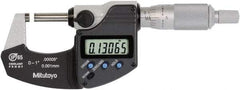 Mitutoyo - 0 to 1 Inch Range, 0 Inch Resolution, Standard Throat, IP65 Electronic Outside Micrometer - 0.0001 Inch Accuracy, Ratchet Stop Thimble, Rotating Spindle, SR44 Battery, Data Output, Includes NIST Traceability Certification - All Tool & Supply