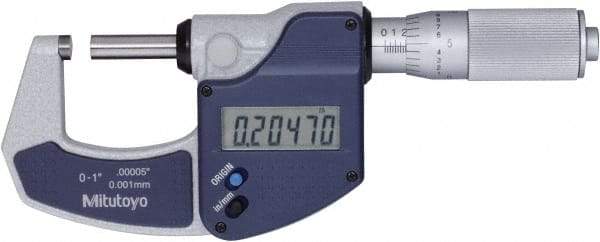 Mitutoyo - 0 to 1" Range, 0" Resolution, Standard Throat, Electronic Outside Micrometer - 0.0001" Accuracy, Friction Thimble, Rotating Spindle, SR44 Battery, Includes NIST Traceability Certification - All Tool & Supply