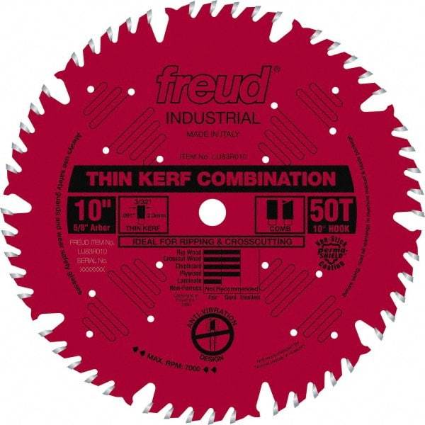 Freud - 10" Diam, 5/8" Arbor Hole Diam, 50 Tooth Wet & Dry Cut Saw Blade - Carbide-Tipped, Combination Action, Standard Round Arbor - All Tool & Supply