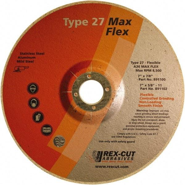 Rex Cut Product - 36 Grit, 7" Wheel Diam, 5/32" Wheel Thickness, 7/8" Arbor Hole, Type 27 Depressed Center Wheel - Aluminum Oxide, 8,500 Max RPM - All Tool & Supply