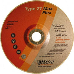 Rex Cut Product - 36 Grit, 7" Wheel Diam, 5/32" Wheel Thickness, 7/8" Arbor Hole, Type 27 Depressed Center Wheel - Aluminum Oxide, 8,500 Max RPM - All Tool & Supply