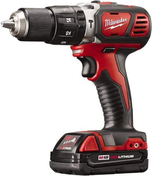 Milwaukee Tool - 18 Volt 1/2" Keyless Chuck Cordless Hammer Drill - 0 to 28,800 BPM, 0 to 1,800 RPM, Reversible - All Tool & Supply