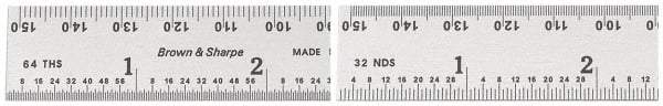 TESA Brown & Sharpe - 6" Long, 1/64, 1/32" and 0.5, 1mm Graduation, Rigid Steel Rule - English/Metric Graduation Style, 3/4" Wide, Silver, Satin Chrome Finish - All Tool & Supply