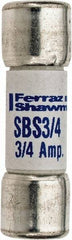 Ferraz Shawmut - 600 VAC, 0.75 Amp, Fast-Acting Ferrule Fuse - Clip Mount, 1-3/8" OAL, 100 at AC kA Rating, 13/32" Diam - All Tool & Supply