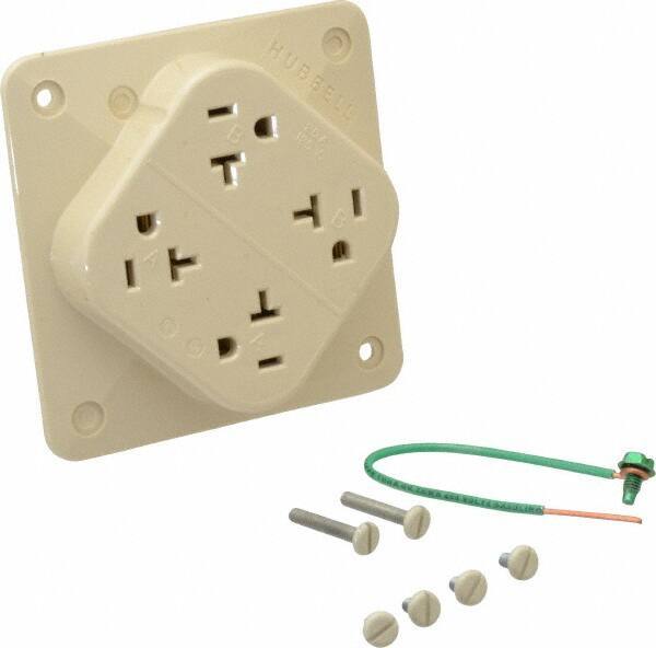 Hubbell Wiring Device-Kellems - 125 VAC, 20 Amp, 5-20R NEMA Configuration, Ivory, Specification Grade, Self Grounding Fourplex Receptacle - 1 Phase, 2 Poles, 3 Wire, Flush Mount, Impact Resistant - All Tool & Supply