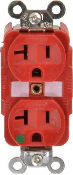 Hubbell Wiring Device-Kellems - 125 VAC, 20 Amp, 5-20R NEMA Configuration, Red, Hospital Grade, Self Grounding Duplex Receptacle - 1 Phase, 2 Poles, 3 Wire, Flush Mount, Tamper Resistant - All Tool & Supply