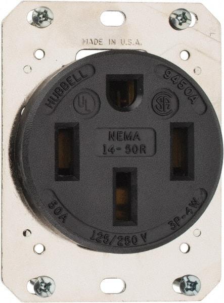 Hubbell Wiring Device-Kellems - 125/250 VAC, 50 Amp, 14-50R NEMA Configuration, Black, Industrial Grade, Self Grounding Single Receptacle - 1 Phase, 3 Poles, 4 Wire, Flush Mount - All Tool & Supply