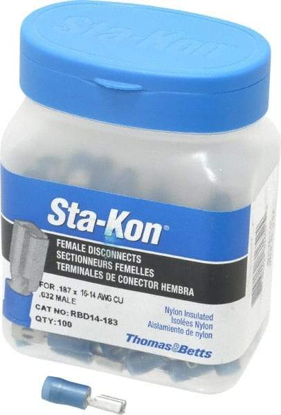 Thomas & Betts - 16 to 14 AWG, Nylon, Fully Insulated, Female Wire Disconnect - 3/16 Inch Wide Tab, Blue, CSA Certified, RoHS Compliant, UL 94 V-2, UL File E66716, UL Listed - All Tool & Supply