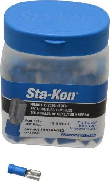 Thomas & Betts - 16 to 14 AWG, Vinyl, Fully Insulated, Female Wire Disconnect - 3/16 Inch Wide Tab, Blue, CSA Certified, RoHS Compliant, UL 94 V-0, UL File E66716, UL Listed - All Tool & Supply