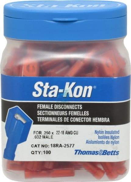 Thomas & Betts - 22 to 18 AWG, Nylon, Fully Insulated, Female Wire Disconnect - 1/4 Inch Wide Tab, Red, CSA Certified, RoHS Compliant, UL 94 V-2, UL File E66716, UL Listed - All Tool & Supply