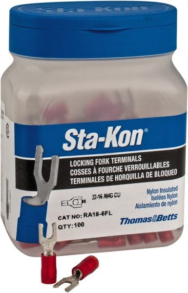 Thomas & Betts - #6 Stud, 22 to 16 AWG Compatible, Partially Insulated, Crimp Connection, Locking Fork Terminal - All Tool & Supply