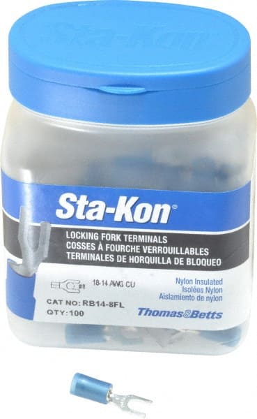 Thomas & Betts - #8 Stud, 18 to 14 AWG Compatible, Partially Insulated, Crimp Connection, Locking Fork Terminal - All Tool & Supply