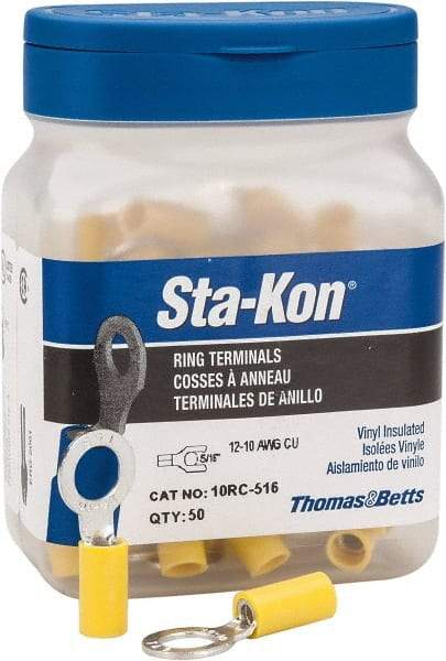 Thomas & Betts - 12-10 AWG Partially Insulated Crimp Connection D Shaped Ring Terminal - 5/16" Stud, 1.17" OAL x 1/2" Wide, Tin Plated Copper Contact - All Tool & Supply