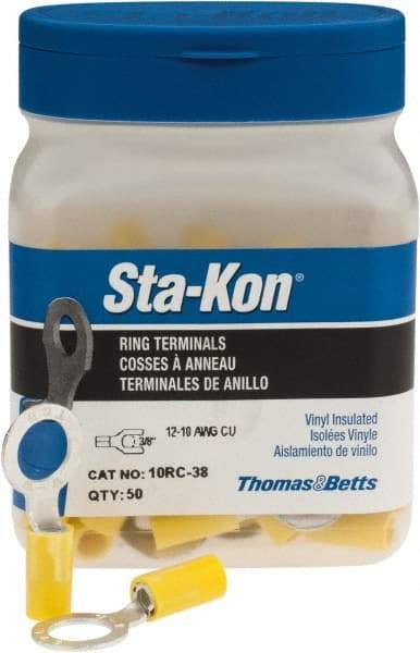 Thomas & Betts - 12-10 AWG Partially Insulated Crimp Connection D Shaped Ring Terminal - 3/8" Stud, 1.29" OAL x 0.59" Wide, Tin Plated Copper Contact - All Tool & Supply