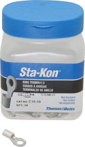 Thomas & Betts - 12-10 AWG Noninsulated Crimp Connection D Shaped Ring Terminal - #10 Stud, 0.85" OAL x 0.38" Wide, Tin Plated Copper Contact - All Tool & Supply