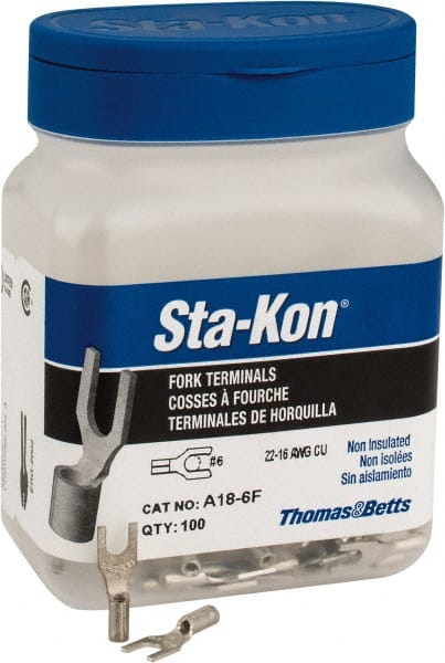 Thomas & Betts - #6 Stud, 22 to 16 AWG Compatible, Noninsulated, Crimp Connection, Standard Fork Terminal - All Tool & Supply