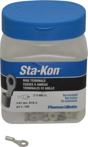 Thomas & Betts - 22-16 AWG Noninsulated Crimp Connection D Shaped Ring Terminal - #4 Stud, 3/4" OAL x 0.31" Wide, Tin Plated Copper Contact - All Tool & Supply