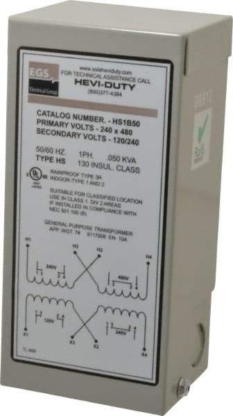 Sola/Hevi-Duty - 1 Phase, 240-480 Volt Input, 120/240 Volt Output, 60 Hz, 0.05 kVA, General Purpose Transformer - 4, 12, 3R, 4X NEMA Rating, 176°F Temp Rise, 4 Inch Wide x 3 Inch Deep x 6 Inch High, Indoor, Outdoor, Wall Mount - All Tool & Supply