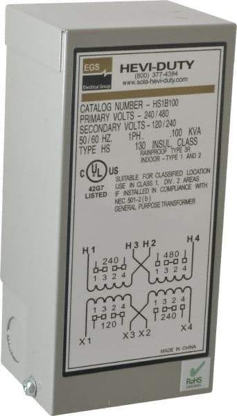 Sola/Hevi-Duty - 1 Phase, 240-480 Volt Input, 120/240 Volt Output, 60 Hz, 0.1 kVA, General Purpose Transformer - 4, 12, 3R, 4X NEMA Rating, 176°F Temp Rise, 4 Inch Wide x 3 Inch Deep x 6 Inch High, Indoor, Outdoor, Wall Mount - All Tool & Supply