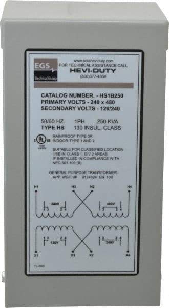 Sola/Hevi-Duty - 1 Phase, 240-480 Volt Input, 120/240 Volt Output, 60 Hz, 1/4 kVA, General Purpose Transformer - 4, 12, 3R, 4X NEMA Rating, 176°F Temp Rise, 4 Inch Wide x 4 Inch Deep x 8 Inch High, Indoor, Outdoor, Wall Mount - All Tool & Supply