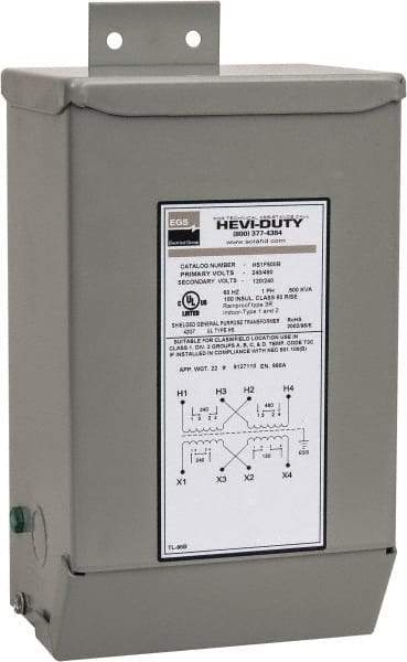 Sola/Hevi-Duty - 1 Phase, 240-480 Volt Input, 120/240 Volt Output, 60 Hz, 0.5 kVA, General Purpose Transformer - 4, 12, 3R, 4X NEMA Rating, 239°F Temp Rise, 6 Inch Wide x 5 Inch Deep x 10 Inch High, Indoor, Outdoor, Wall Mount - All Tool & Supply