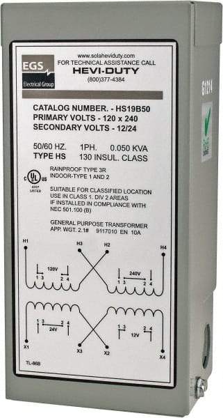 Sola/Hevi-Duty - 120/240 Input Volt, 12/24 Output Volt, 60 Hz, Buck Boost Transformer - 1 Phase, 4 Inch Wide x 3 Inch Deep x 6 Inch High, cULus Listed E77014 - All Tool & Supply