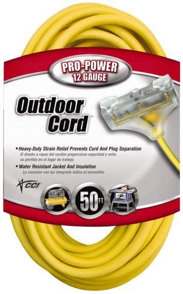 Southwire - 50', 12/3 Gauge/Conductors, Yellow Indoor & Outdoor Extension Cord - 1 Receptacle, 15 Amps, 125 VAC, UL SJTW-A, NEMA 5-15P, 5-15R x 3 - All Tool & Supply