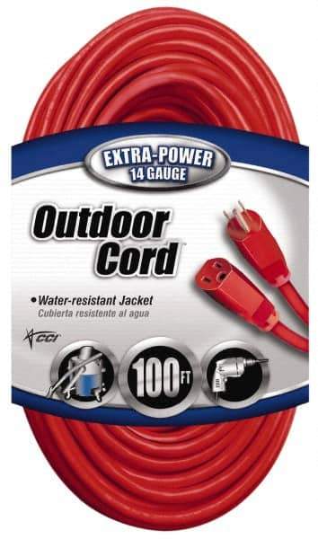 Southwire - 100', 14/3 Gauge/Conductors, Red Indoor & Outdoor Extension Cord - 1 Receptacle, 13 Amps, 125 VAC, UL SJTW, NEMA 5-15P, 5-15R - All Tool & Supply