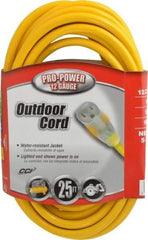 Southwire - 25', 12/3 Gauge/Conductors, Yellow Indoor & Outdoor Extension Cord - 1 Receptacle, 15 Amps, 125 VAC, UL SJTW, NEMA 5-15P, 5-15R - All Tool & Supply