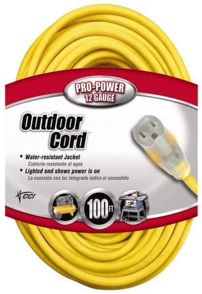 Southwire - 100', 12/3 Gauge/Conductors, Yellow Indoor & Outdoor Extension Cord - 1 Receptacle, 15 Amps, 125 VAC, UL SJTW, NEMA 5-15P, 5-15R - All Tool & Supply