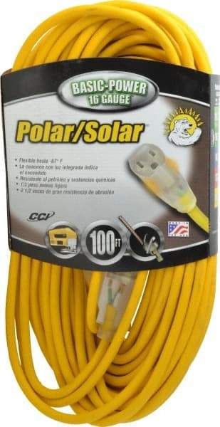 Southwire - 100', 16/3 Gauge/Conductors, Yellow Outdoor Extension Cord - 1 Receptacle, 10 Amps, 125 VAC, UL SJEOOW, NEMA 5-15P, 5-15R - All Tool & Supply